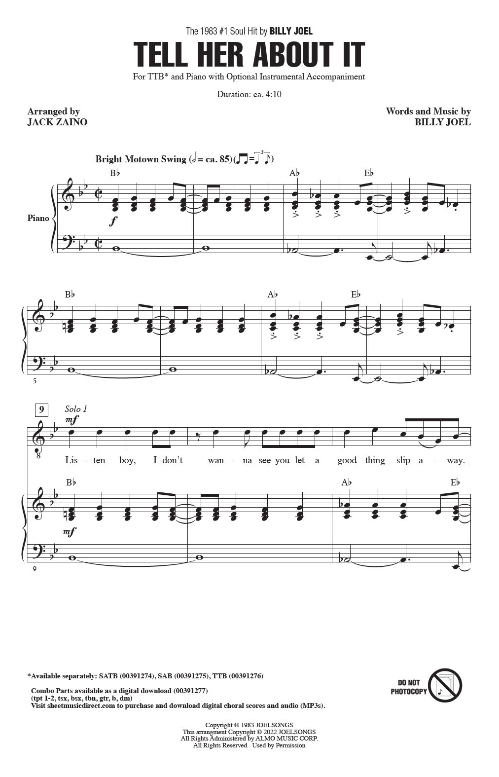 Billy Joel Tell Her About It (arr. Jack Zaino) Sheet Music Notes & Chords for TTBB Choir - Download or Print PDF