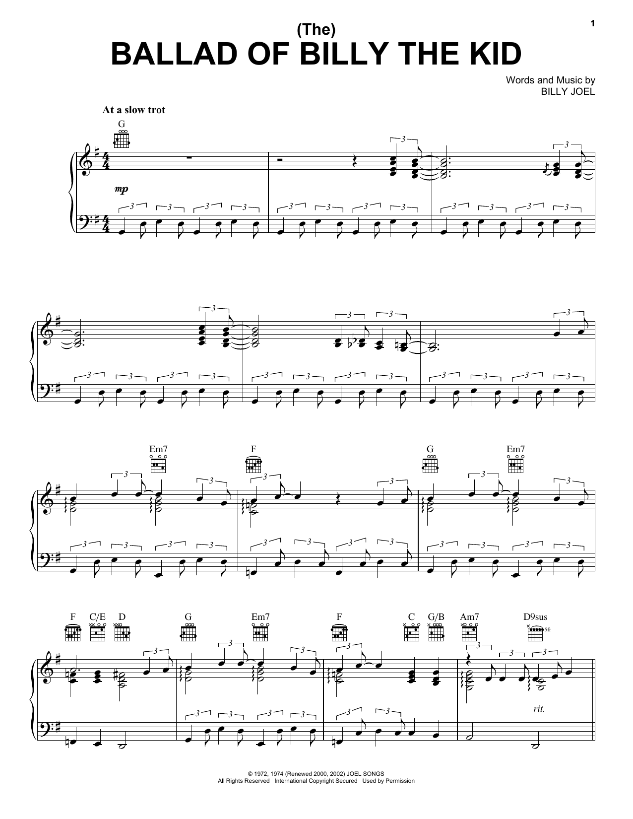 Billy Joel (The) Ballad Of Billy The Kid Sheet Music Notes & Chords for Piano, Vocal & Guitar (Right-Hand Melody) - Download or Print PDF