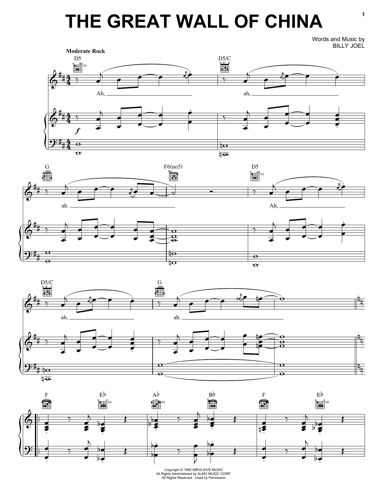 Billy Joel The Great Wall Of China Sheet Music Notes & Chords for Piano, Vocal & Guitar Chords (Right-Hand Melody) - Download or Print PDF