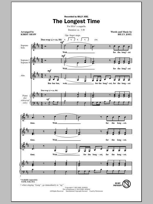Billy Joel The Longest Time (arr. Kirby Shaw) Sheet Music Notes & Chords for SSA - Download or Print PDF