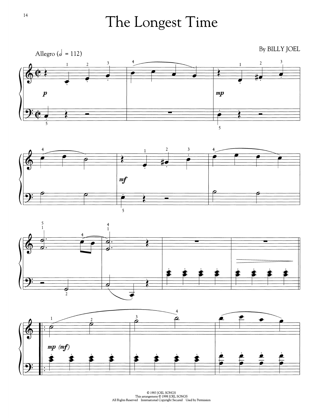 Billy Joel The Longest Time (arr. Phillip Keveren) Sheet Music Notes & Chords for Easy Piano Solo - Download or Print PDF
