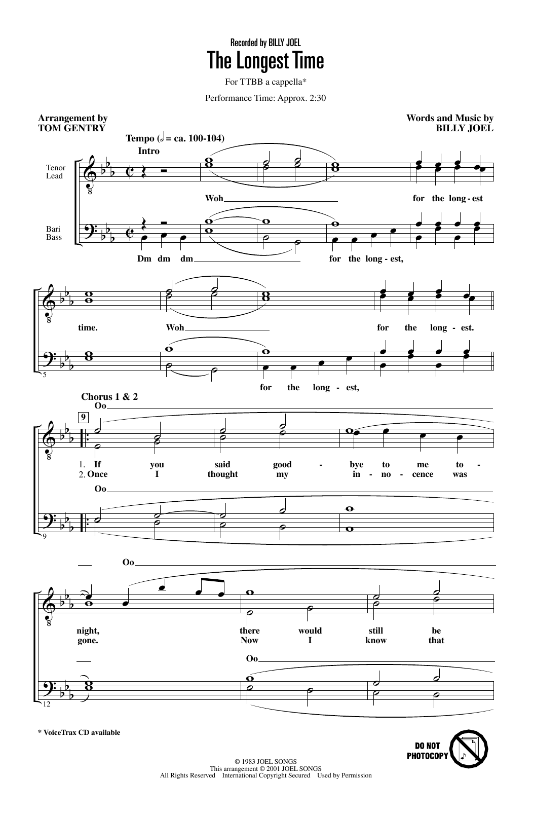 Billy Joel The Longest Time (arr. Tom Gentry) Sheet Music Notes & Chords for TTBB Choir - Download or Print PDF