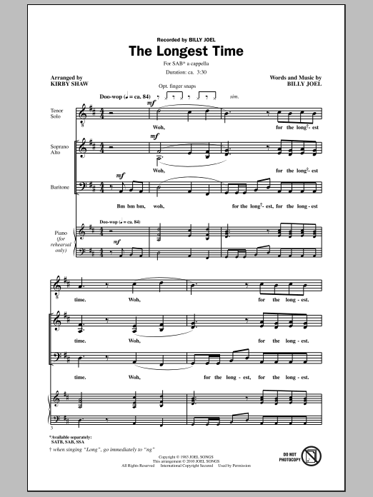 Billy Joel The Longest Time (SAB with Tenor Solo) (arr. Kirby Shaw) Sheet Music Notes & Chords for SAB - Download or Print PDF