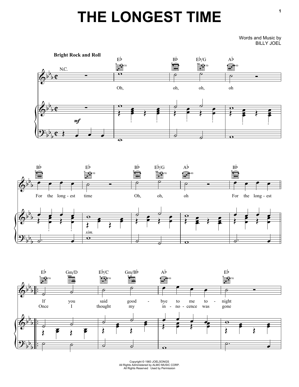 Billy Joel The Longest Time Sheet Music Notes & Chords for Lyrics & Piano Chords - Download or Print PDF