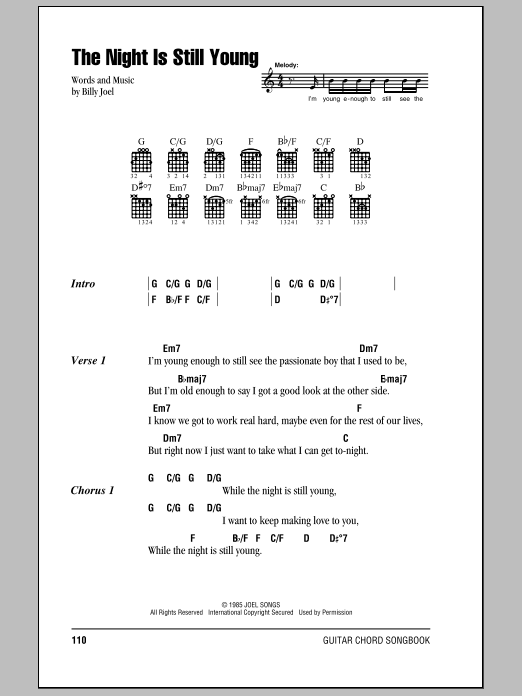 Billy Joel The Night Is Still Young Sheet Music Notes & Chords for Lyrics & Piano Chords - Download or Print PDF