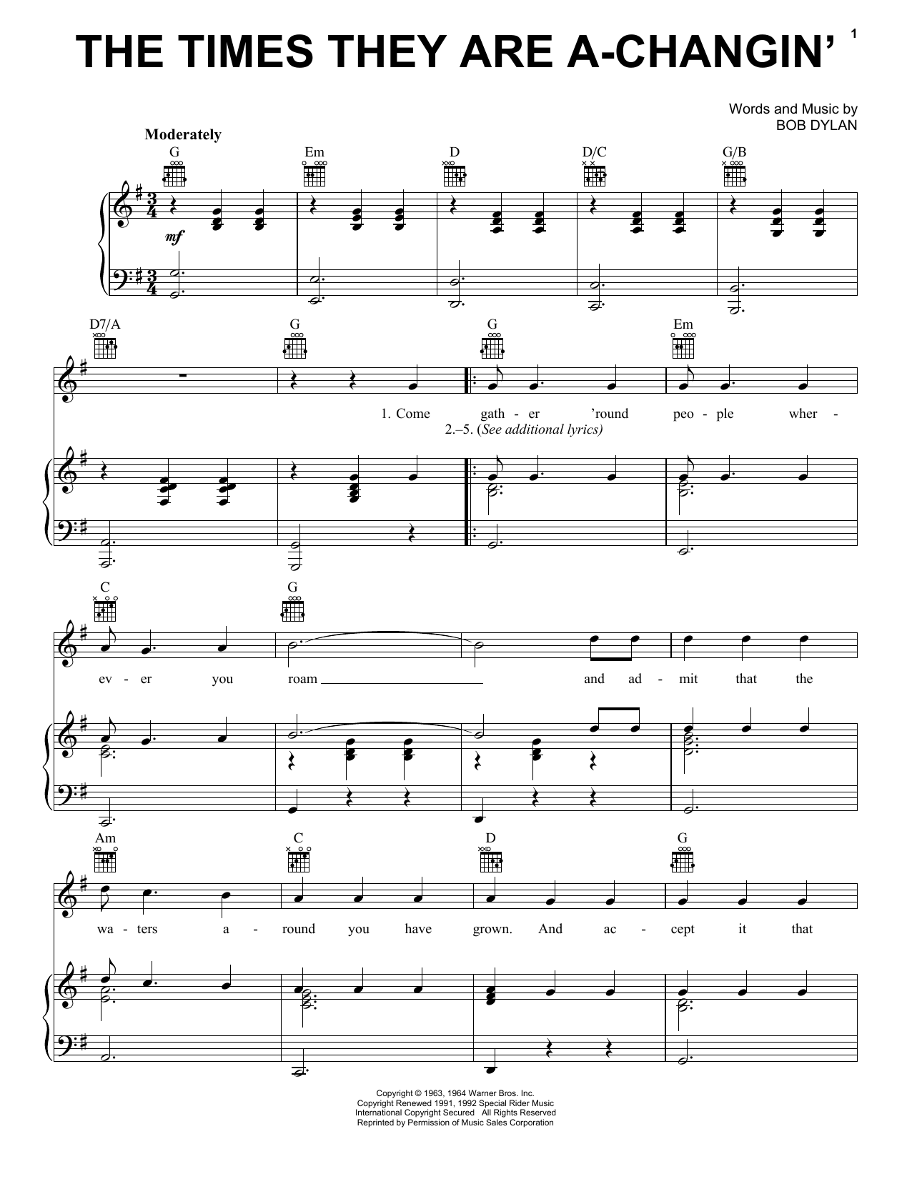 Billy Joel The Times They Are A-Changin' Sheet Music Notes & Chords for Piano, Vocal & Guitar (Right-Hand Melody) - Download or Print PDF