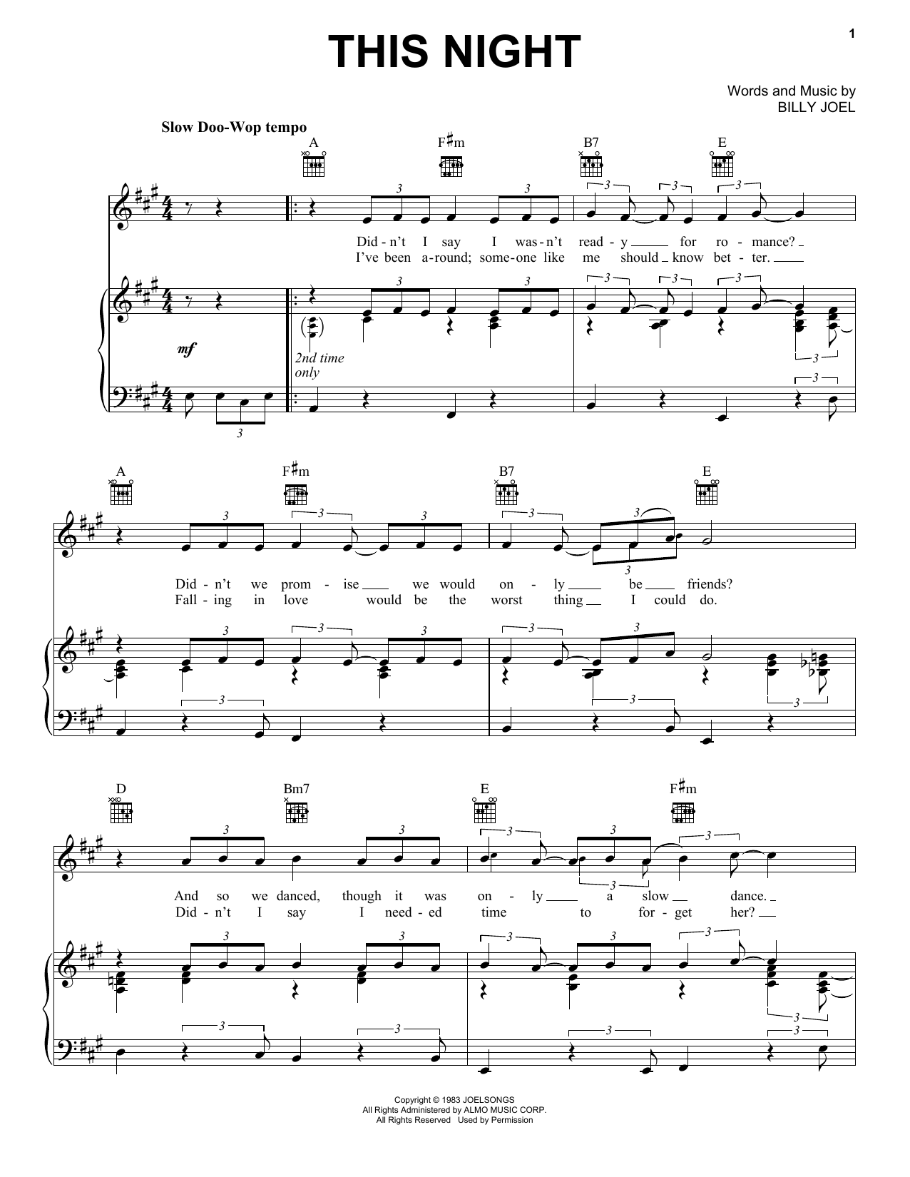 Billy Joel This Night Sheet Music Notes & Chords for Piano, Vocal & Guitar (Right-Hand Melody) - Download or Print PDF