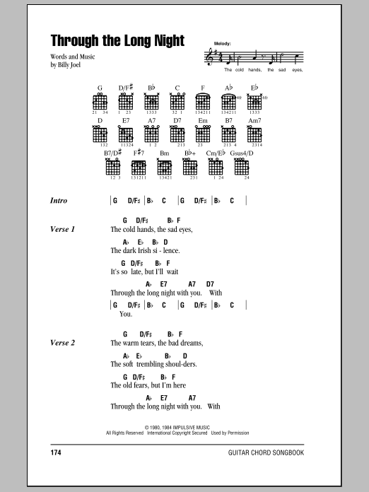 Billy Joel Through The Long Night Sheet Music Notes & Chords for Lyrics & Piano Chords - Download or Print PDF
