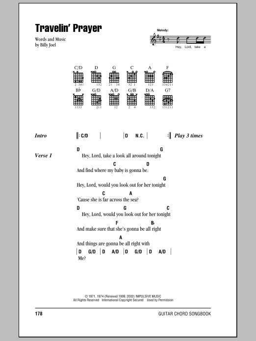 Billy Joel Travelin' Prayer Sheet Music Notes & Chords for Lyrics & Chords - Download or Print PDF