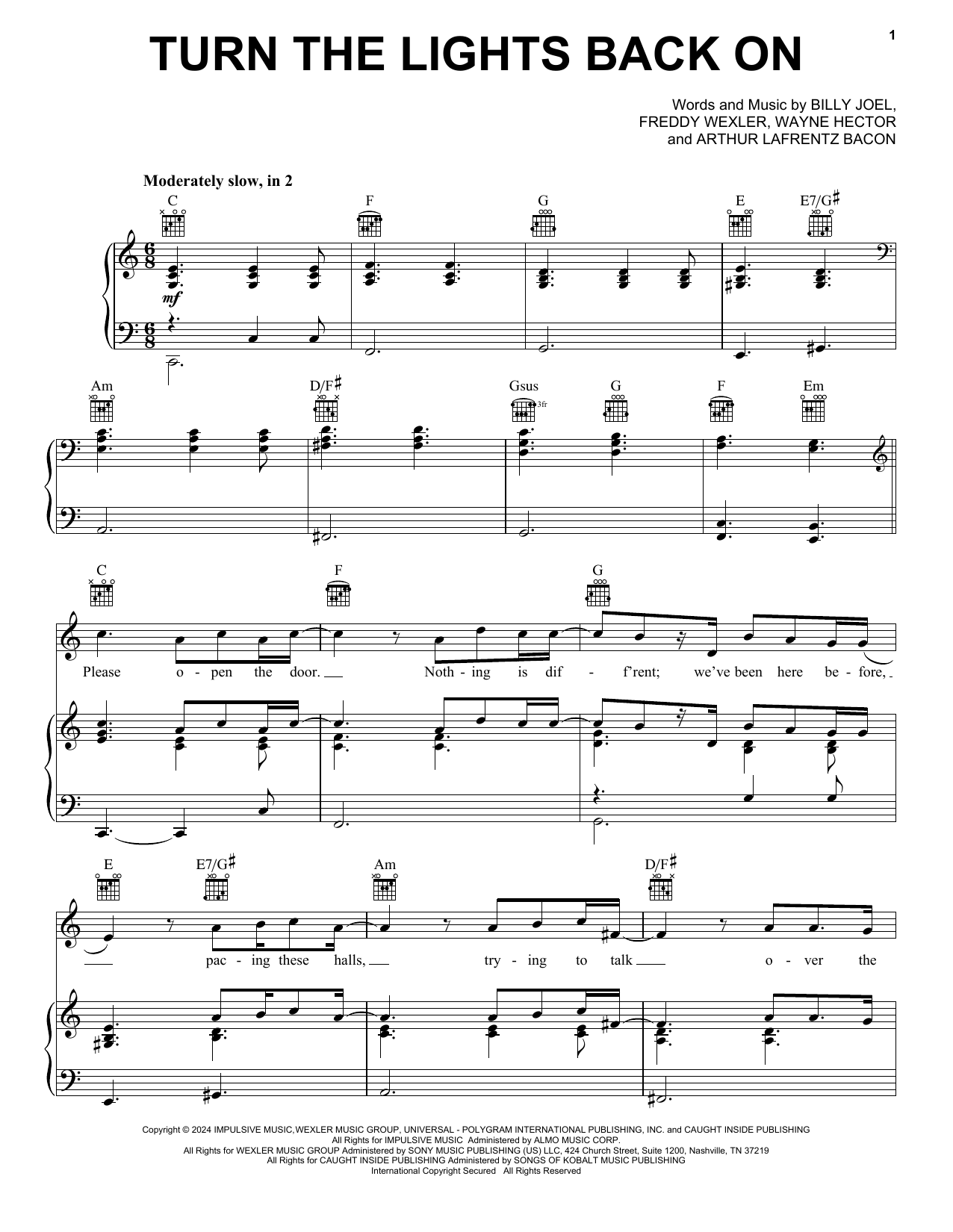 Billy Joel Turn The Lights Back On Sheet Music Notes & Chords for Piano, Vocal & Guitar Chords (Right-Hand Melody) - Download or Print PDF