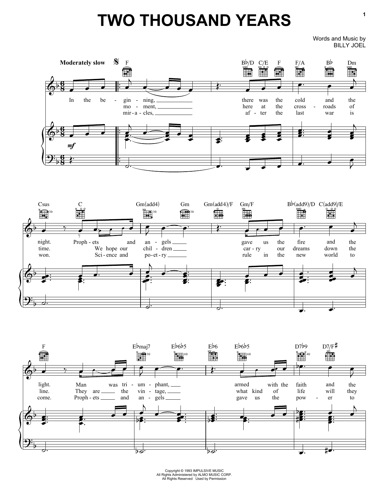 Billy Joel Two Thousand Years Sheet Music Notes & Chords for Piano, Vocal & Guitar Chords (Right-Hand Melody) - Download or Print PDF
