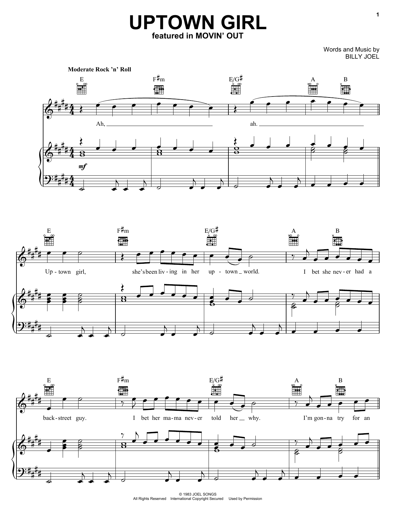 Billy Joel Uptown Girl Sheet Music Notes & Chords for Lyrics & Piano Chords - Download or Print PDF