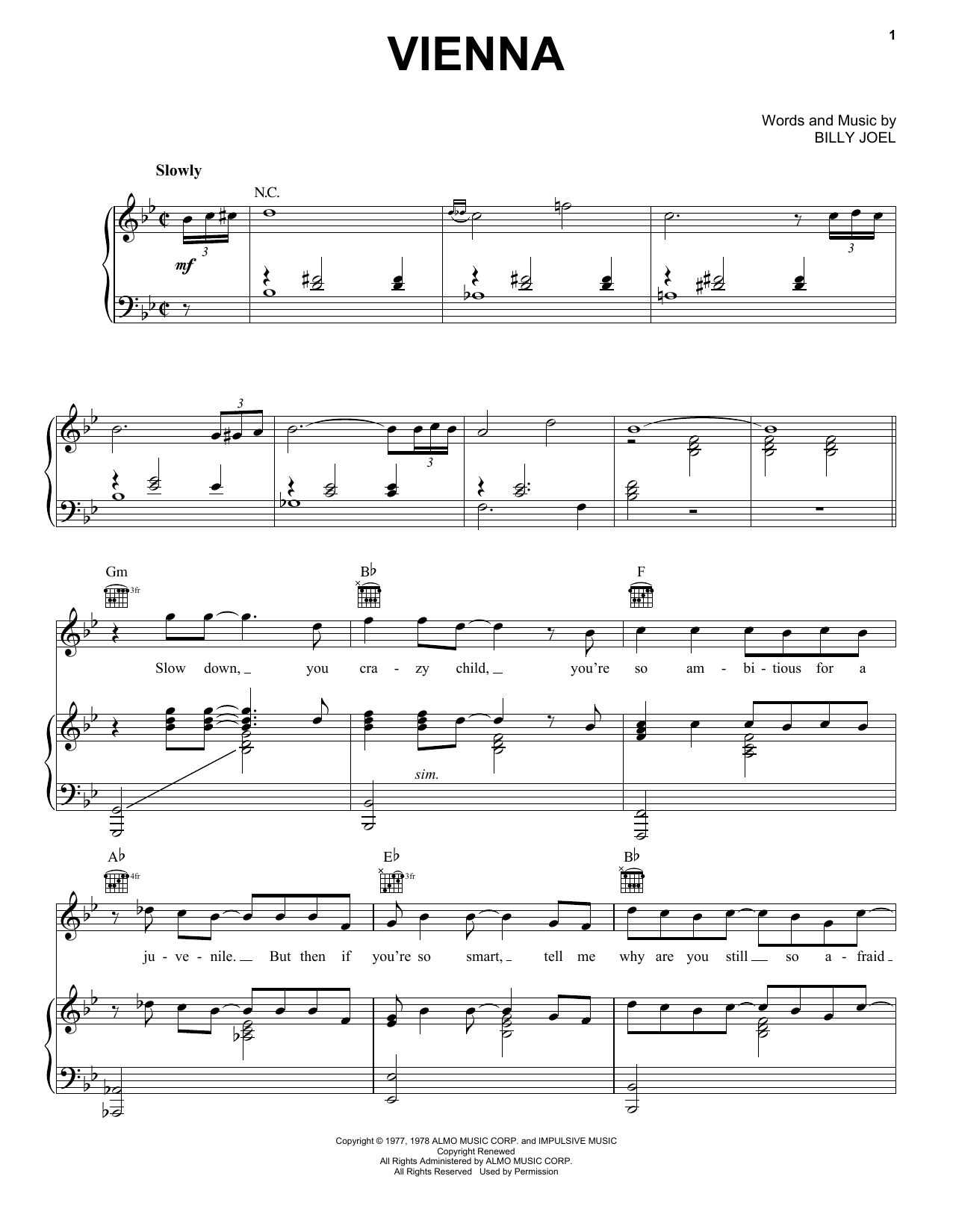 Billy Joel Vienna Sheet Music Notes & Chords for Piano, Vocal & Guitar (Right-Hand Melody) - Download or Print PDF