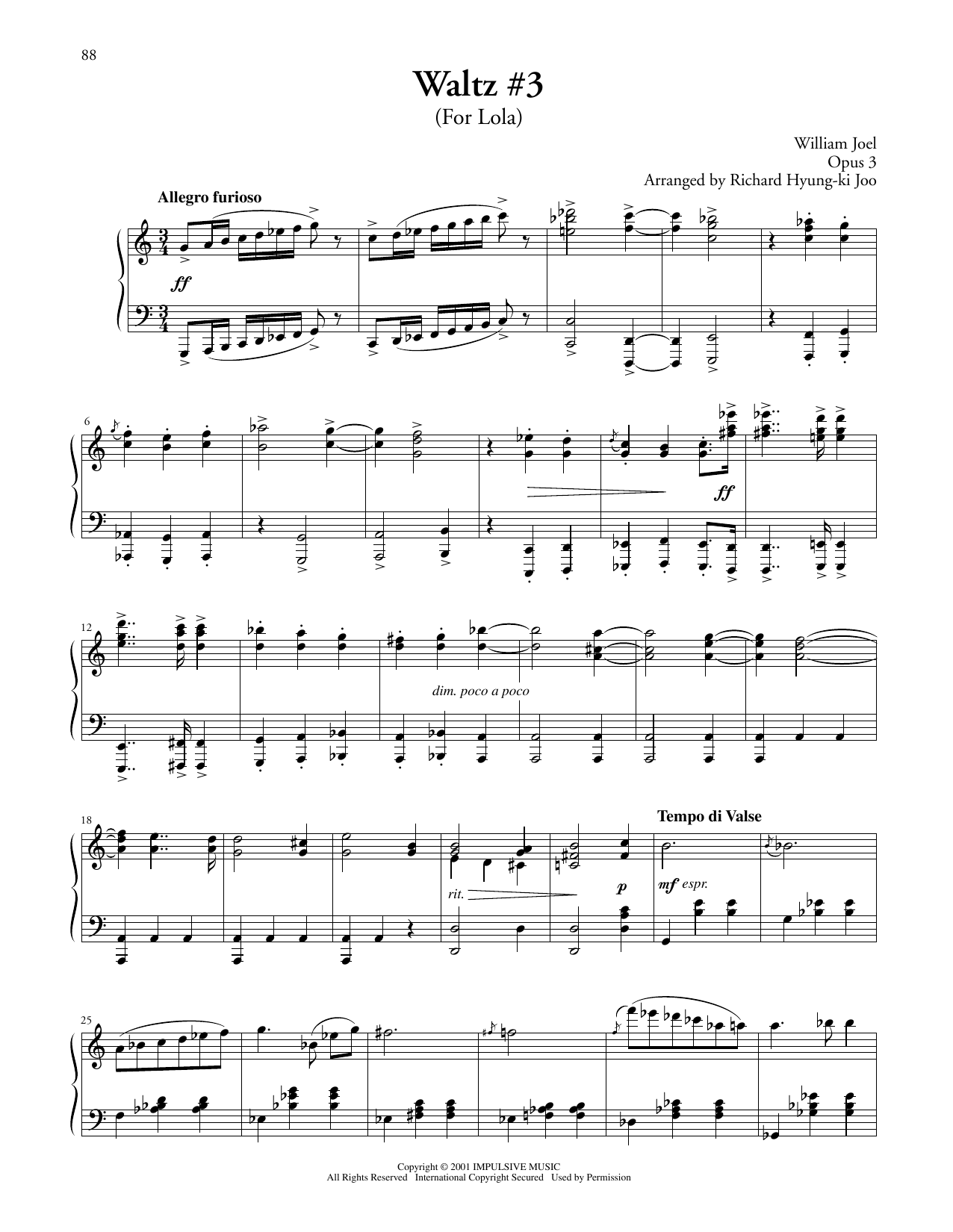 Billy Joel Waltz #3 (For Lola) Sheet Music Notes & Chords for Piano Solo - Download or Print PDF