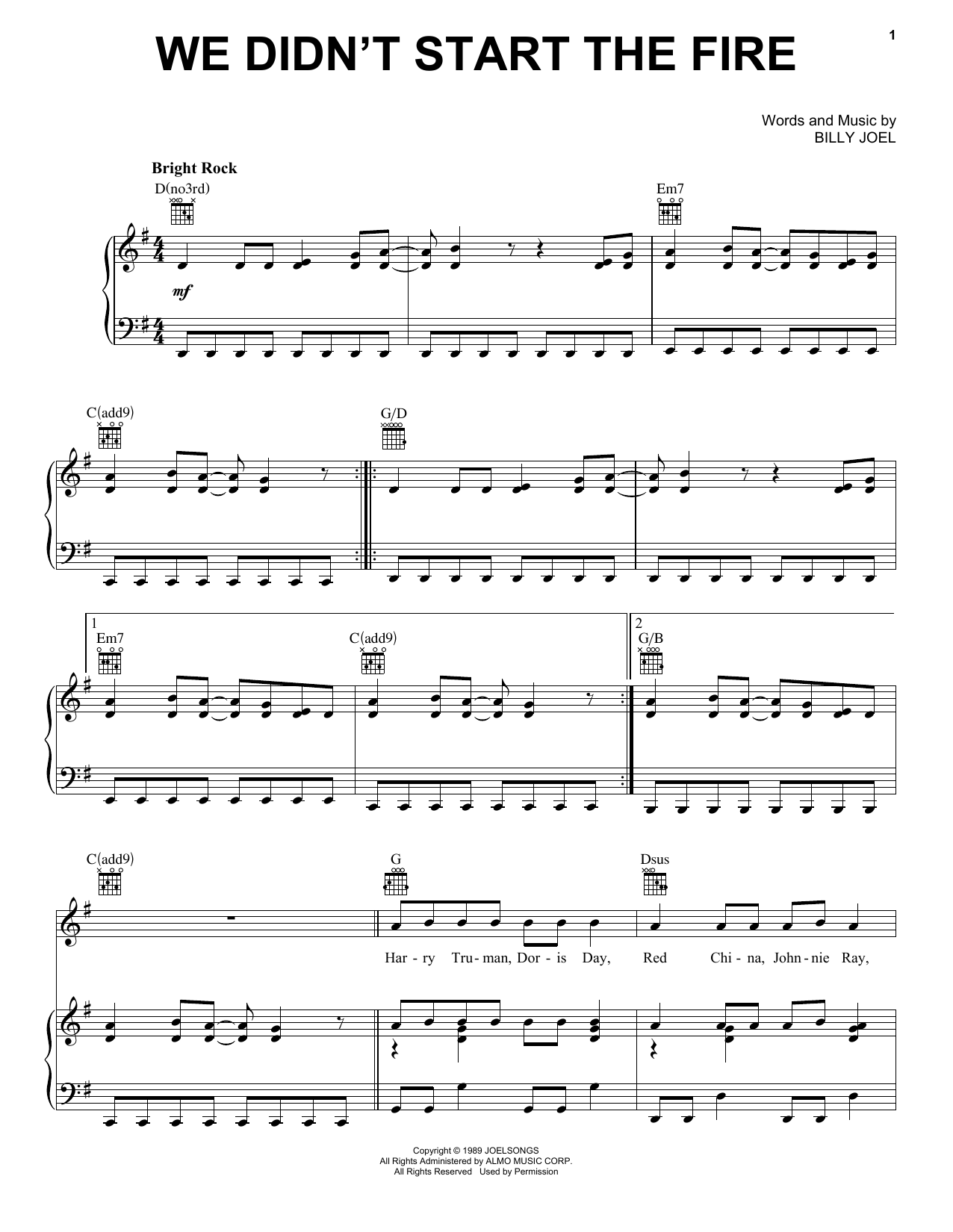 Billy Joel We Didn't Start The Fire Sheet Music Notes & Chords for Lyrics & Piano Chords - Download or Print PDF