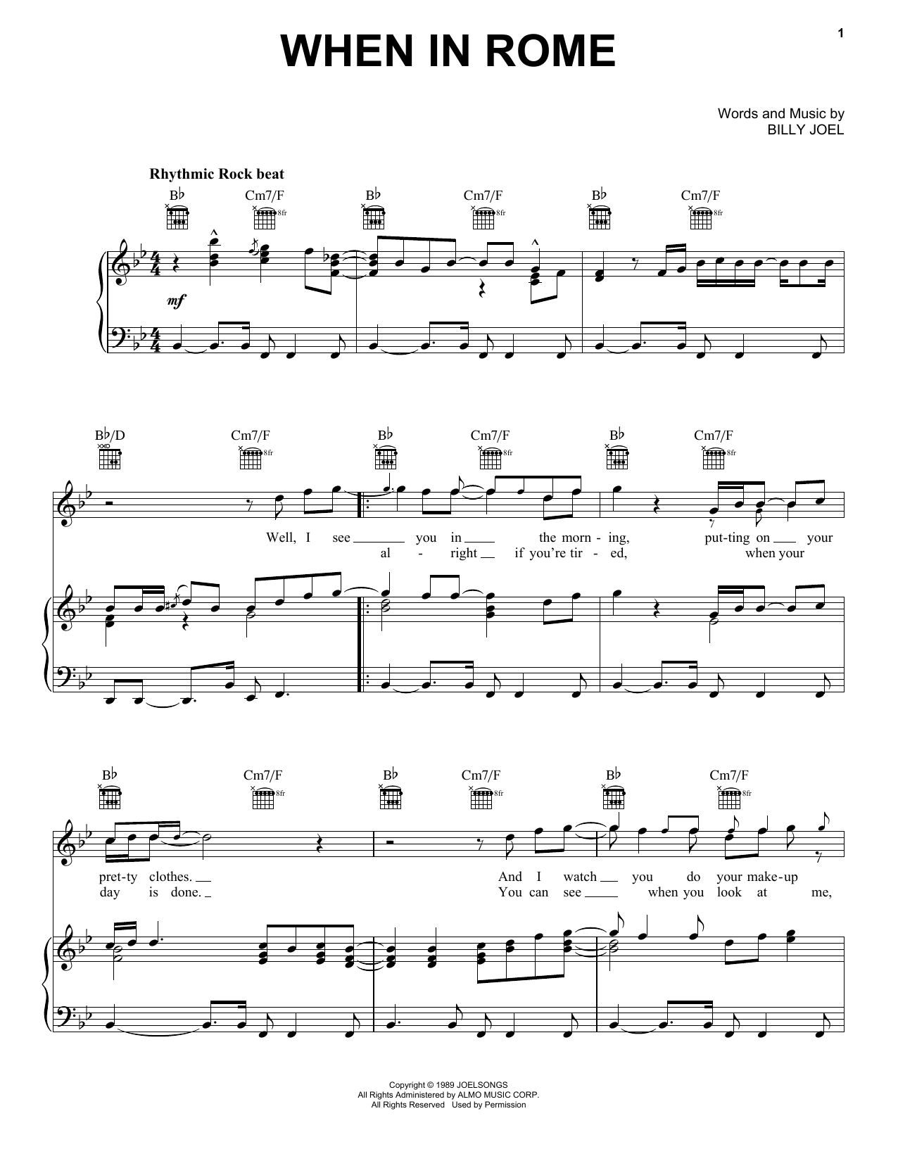 Billy Joel When In Rome Sheet Music Notes & Chords for Piano, Vocal & Guitar (Right-Hand Melody) - Download or Print PDF