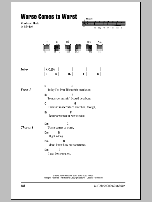 Billy Joel Worse Comes To Worst Sheet Music Notes & Chords for Lyrics & Piano Chords - Download or Print PDF