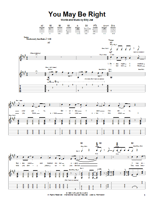 Billy Joel You May Be Right Sheet Music Notes & Chords for Lyrics & Piano Chords - Download or Print PDF