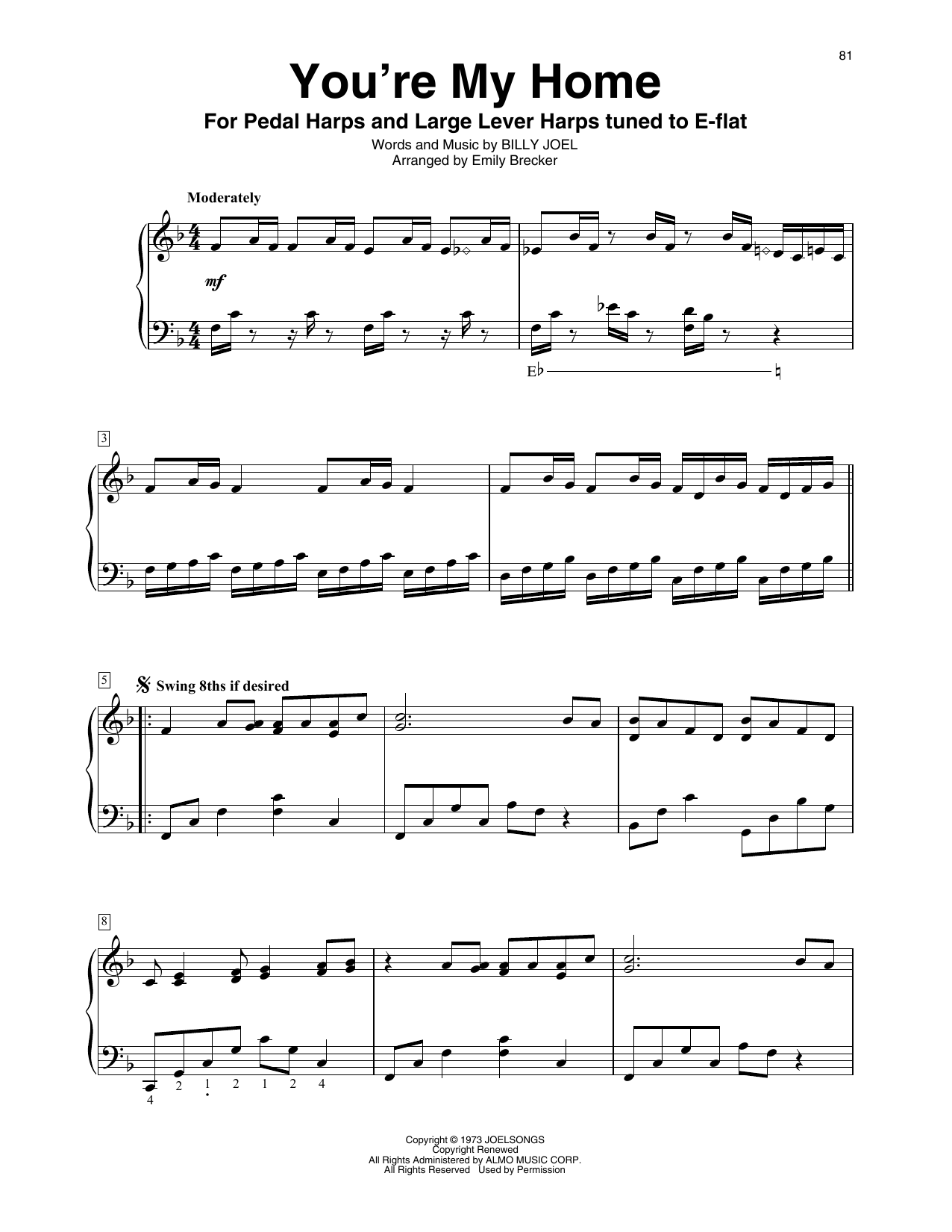 Billy Joel You're My Home (arr. Emily Brecker) Sheet Music Notes & Chords for Harp - Download or Print PDF