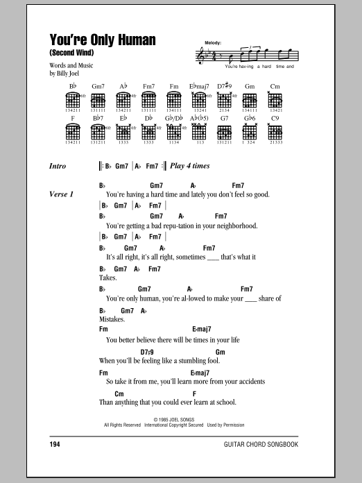 Billy Joel You're Only Human (Second Wind) Sheet Music Notes & Chords for Piano, Vocal & Guitar (Right-Hand Melody) - Download or Print PDF