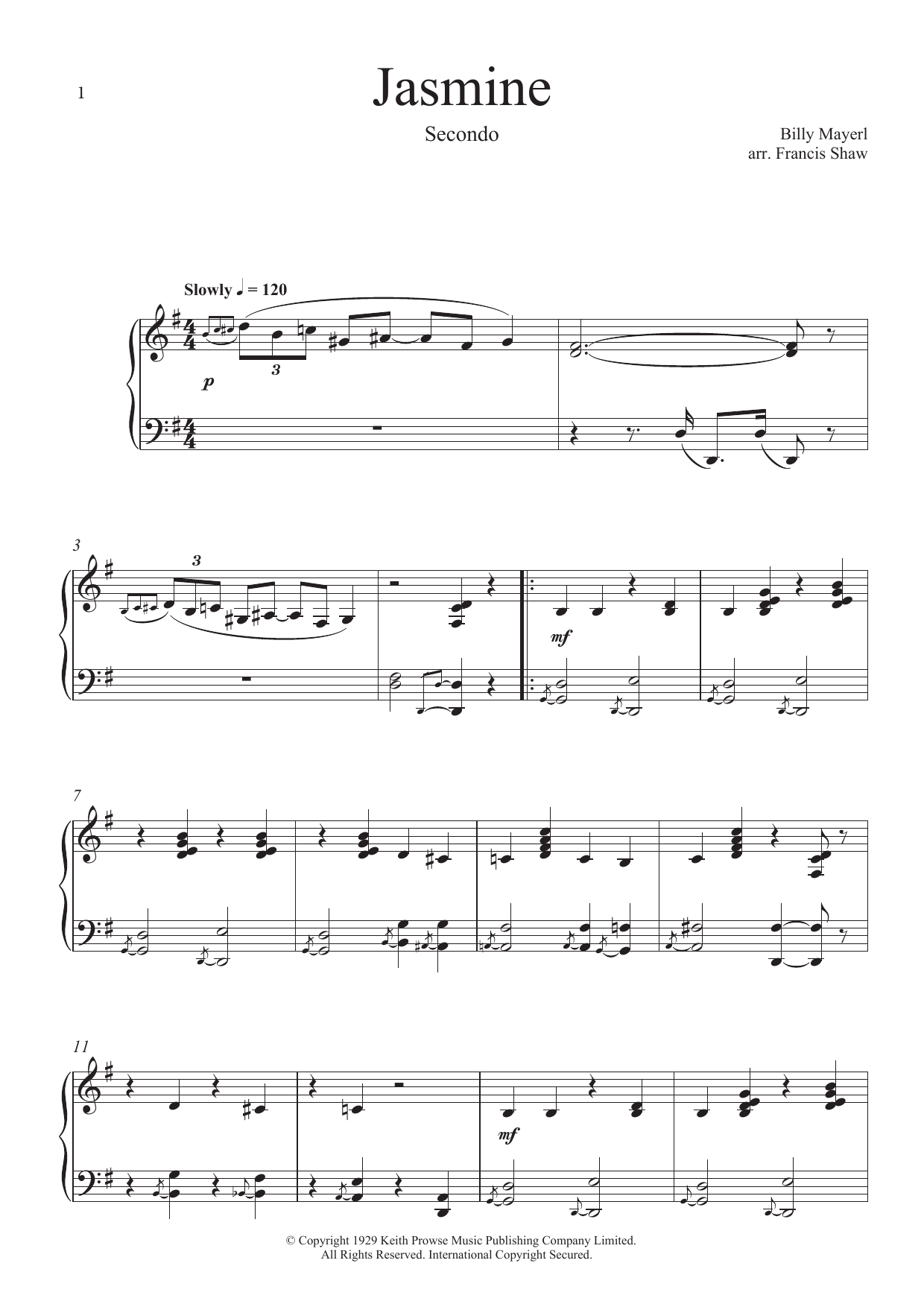 Billy Mayerl Jasmine Sheet Music Notes & Chords for Piano Duet - Download or Print PDF