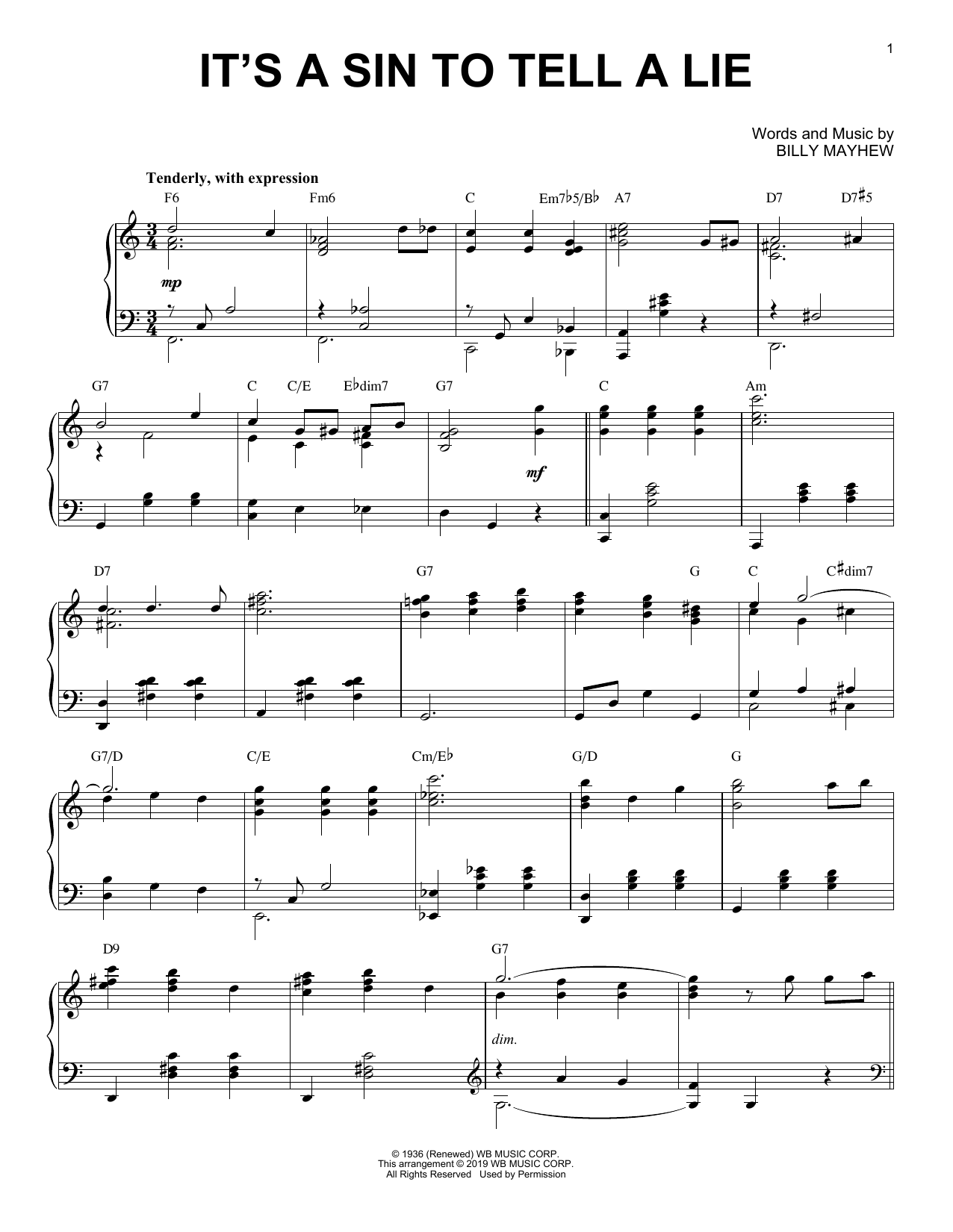 Billy Mayhew It's A Sin To Tell A Lie [Jazz version] Sheet Music Notes & Chords for Piano Solo - Download or Print PDF