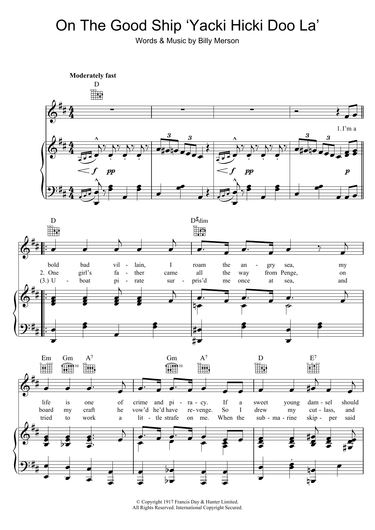 Billy Merson On The Good Ship Yacki Hicki Doo La Sheet Music Notes & Chords for Piano, Vocal & Guitar (Right-Hand Melody) - Download or Print PDF