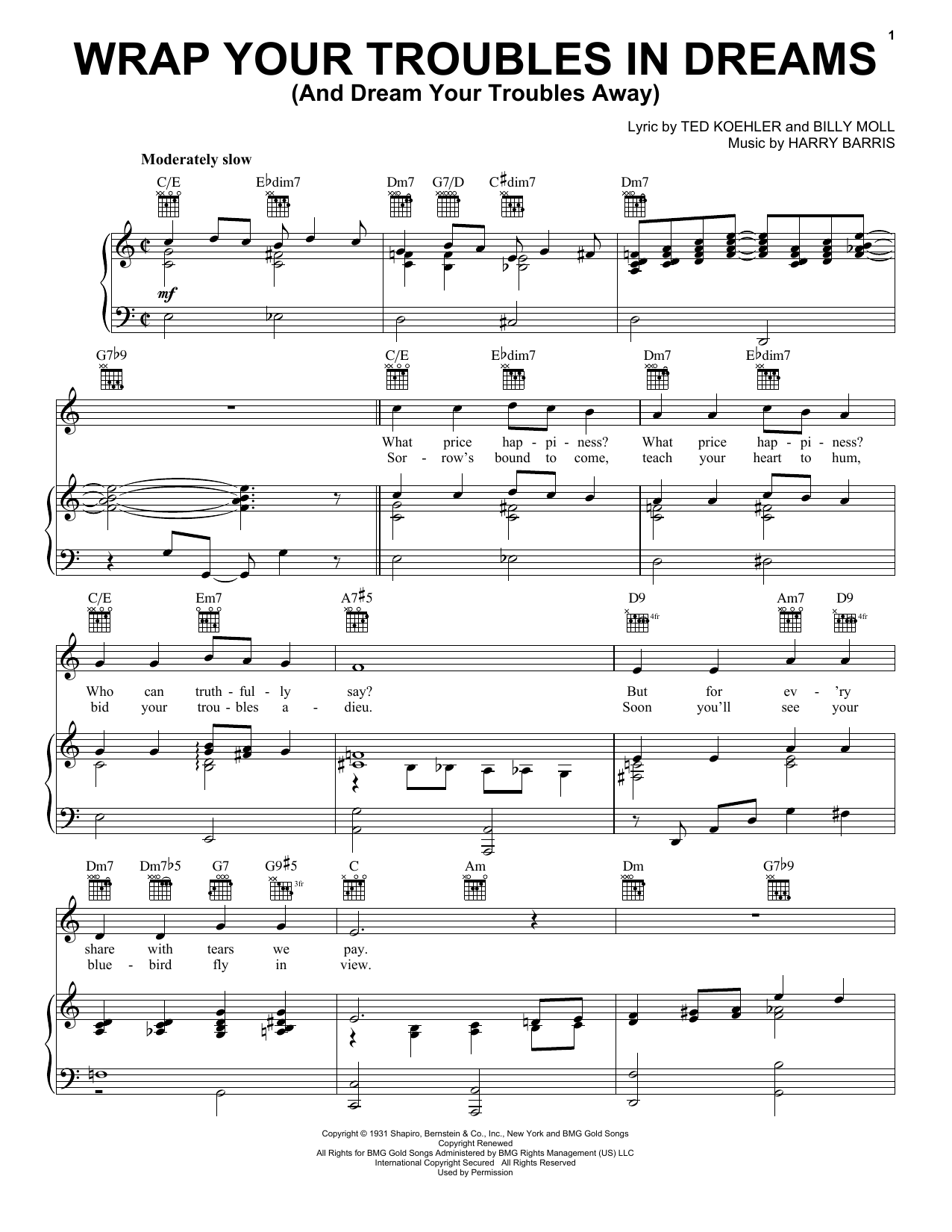 Billy Moll Wrap Your Troubles In Dreams (And Dream Your Troubles Away) Sheet Music Notes & Chords for Piano, Vocal & Guitar (Right-Hand Melody) - Download or Print PDF