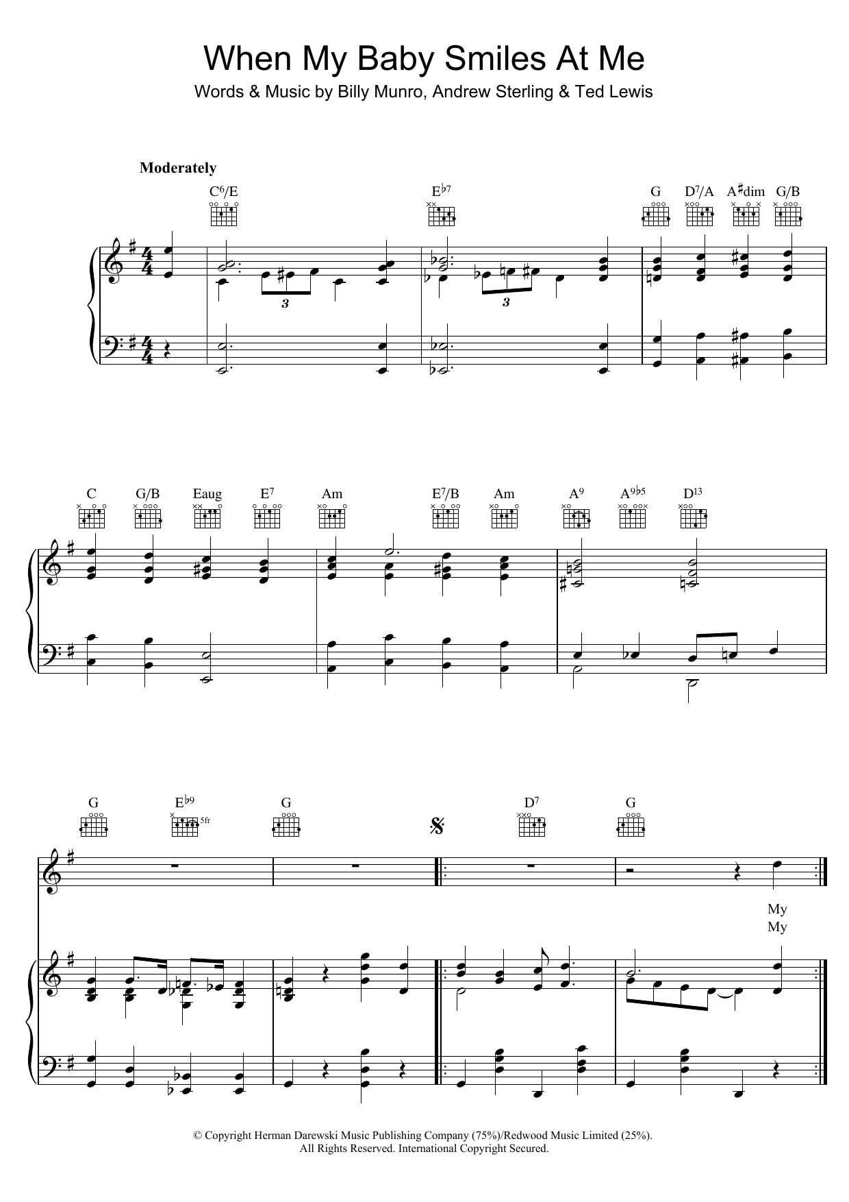 Billy Munro When My Baby Smiles At Me Sheet Music Notes & Chords for Piano, Vocal & Guitar (Right-Hand Melody) - Download or Print PDF