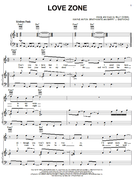 Billy Ocean Love Zone Sheet Music Notes & Chords for Piano, Vocal & Guitar (Right-Hand Melody) - Download or Print PDF