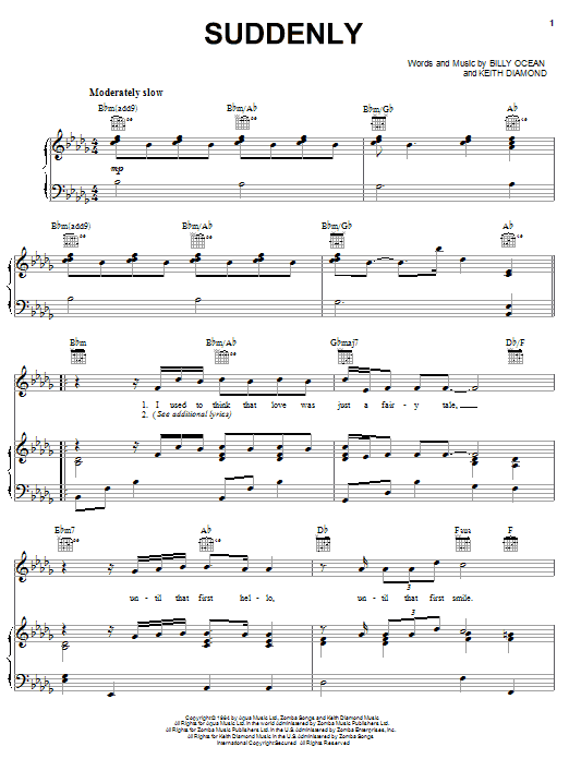 Billy Ocean Suddenly Sheet Music Notes & Chords for Piano, Vocal & Guitar (Right-Hand Melody) - Download or Print PDF