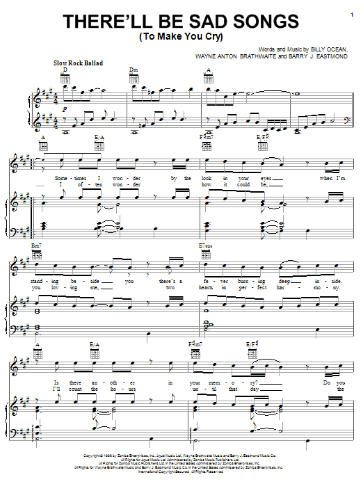 Billy Ocean There'll Be Sad Songs (To Make You Cry) Sheet Music Notes & Chords for Piano, Vocal & Guitar (Right-Hand Melody) - Download or Print PDF