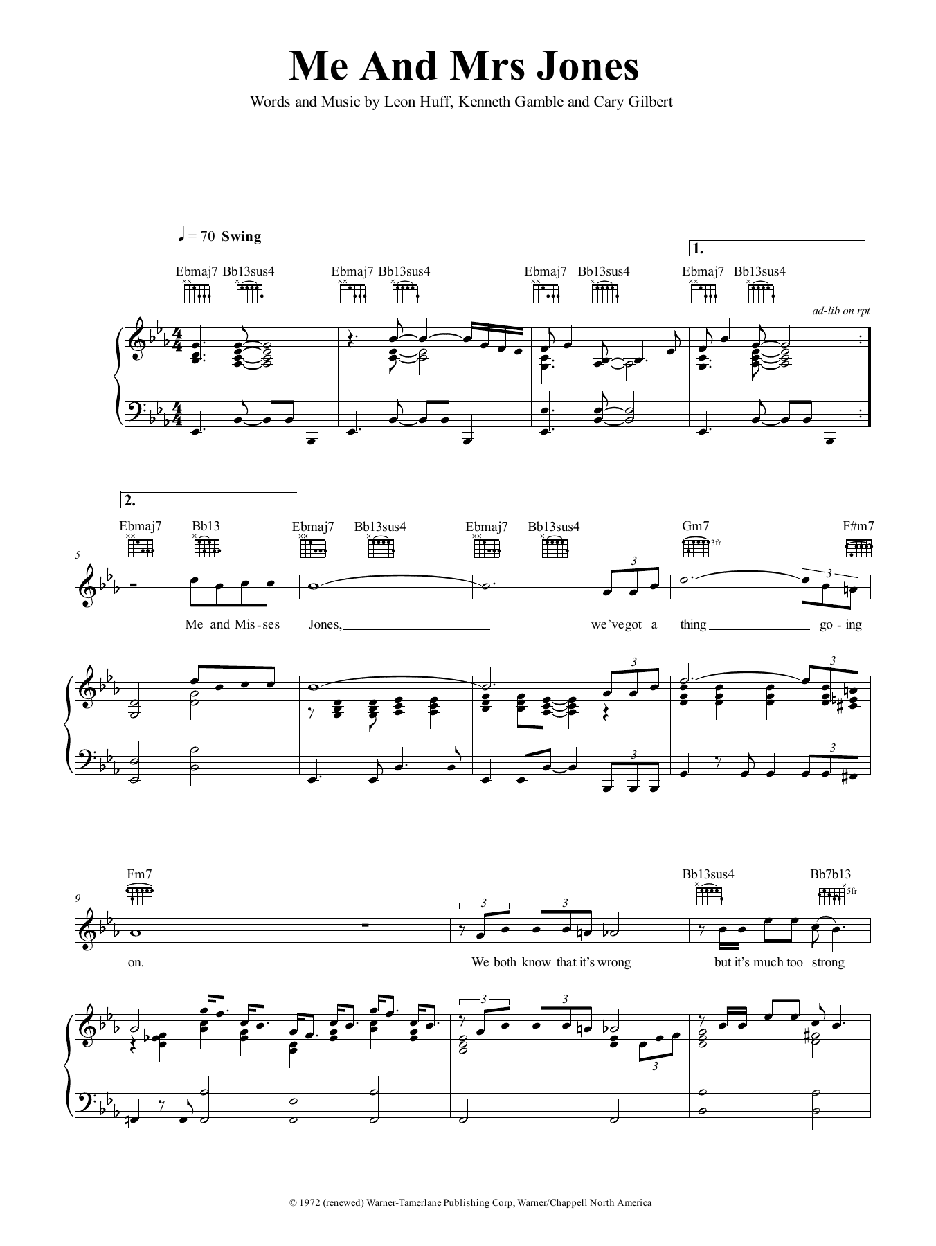 Billy Paul Me And Mrs Jones Sheet Music Notes & Chords for Piano, Vocal & Guitar (Right-Hand Melody) - Download or Print PDF