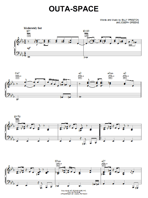 Billy Preston Outa-Space Sheet Music Notes & Chords for Piano, Vocal & Guitar (Right-Hand Melody) - Download or Print PDF