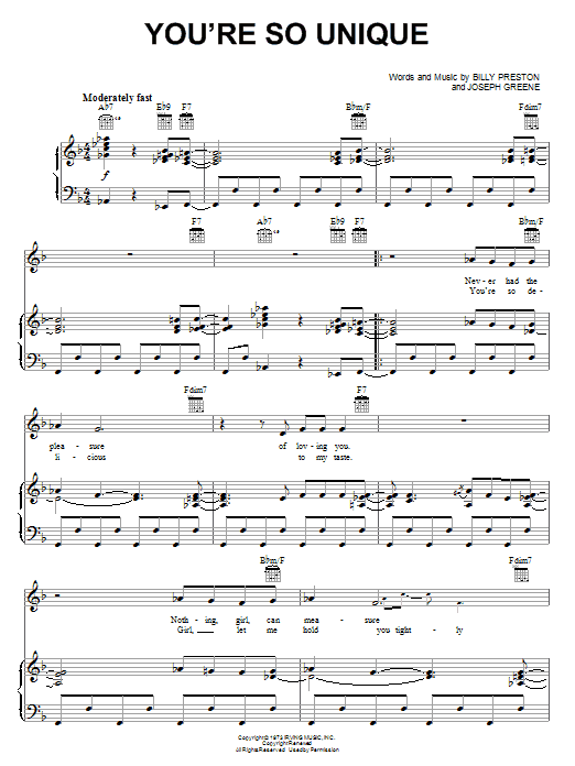 Billy Preston You're So Unique Sheet Music Notes & Chords for Piano, Vocal & Guitar (Right-Hand Melody) - Download or Print PDF