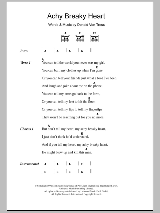 Billy Ray Cyrus Achy Breaky Heart Sheet Music Notes & Chords for Lyrics & Chords - Download or Print PDF