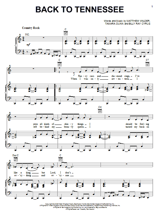 Billy Ray Cyrus Back To Tennessee Sheet Music Notes & Chords for Piano, Vocal & Guitar (Right-Hand Melody) - Download or Print PDF