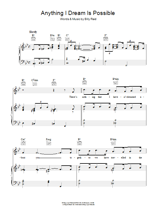 Billy Reid Anything I Dream Is Possible Sheet Music Notes & Chords for Piano, Vocal & Guitar (Right-Hand Melody) - Download or Print PDF