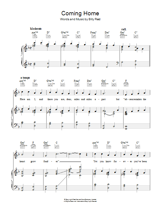 Billy Reid Coming Home Sheet Music Notes & Chords for Piano, Vocal & Guitar (Right-Hand Melody) - Download or Print PDF