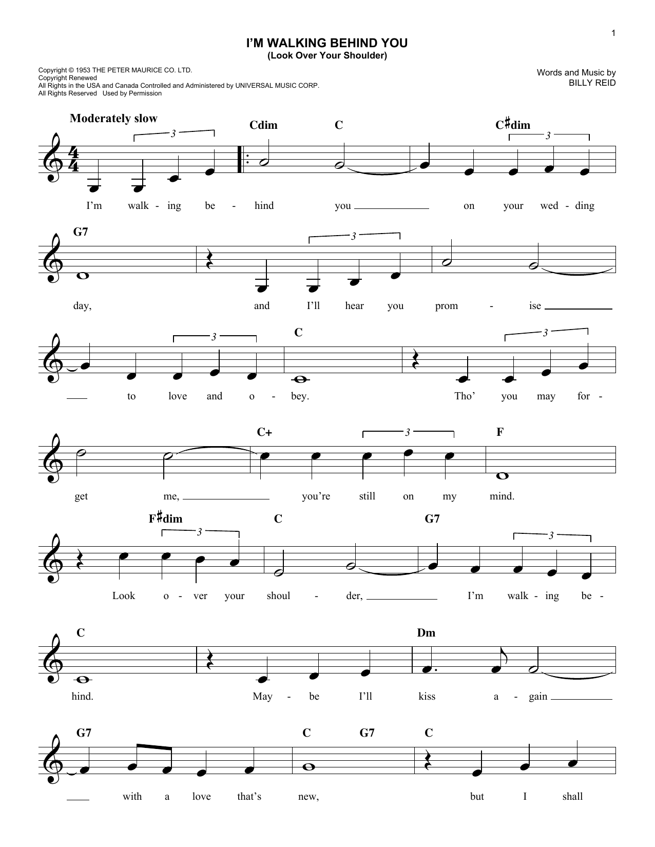 Billy Reid I'm Walking Behind You (Look Over Your Shoulder) Sheet Music Notes & Chords for Melody Line, Lyrics & Chords - Download or Print PDF