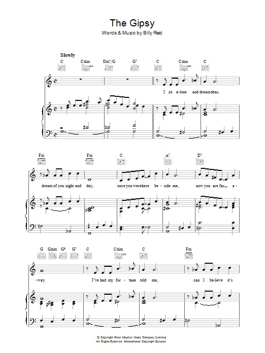 Billy Reid The Gipsy Sheet Music Notes & Chords for Piano, Vocal & Guitar (Right-Hand Melody) - Download or Print PDF