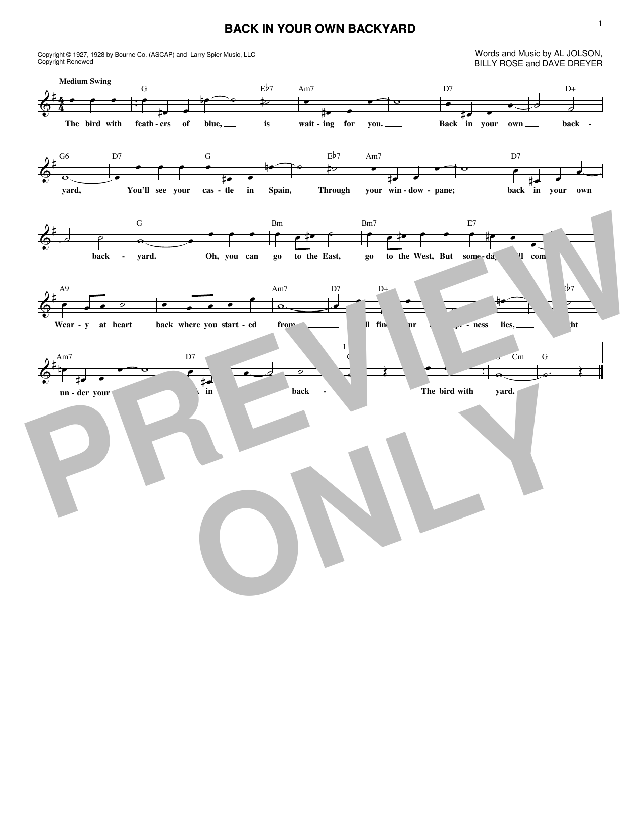 Billy Rose Back In Your Own Backyard Sheet Music Notes & Chords for Melody Line, Lyrics & Chords - Download or Print PDF