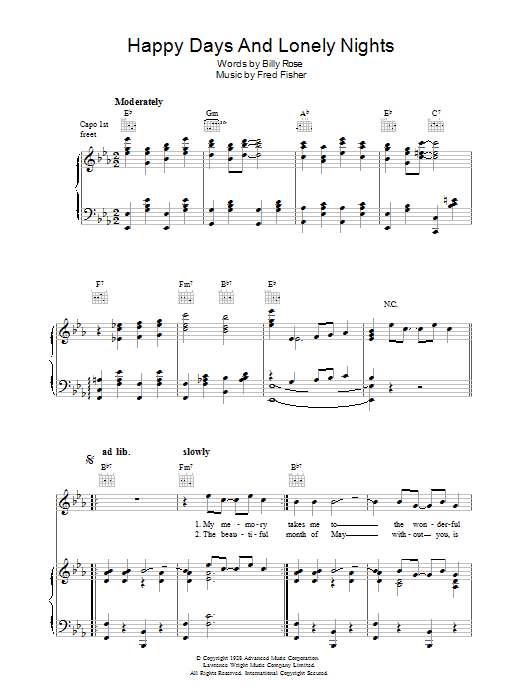 Billy Rose Happy Days And Lonely Nights Sheet Music Notes & Chords for Piano, Vocal & Guitar (Right-Hand Melody) - Download or Print PDF Billy Rose Happy Days And Lonely Nights Sheet Music Notes & Chords for Piano, Vocal & Guitar (Right-Hand Melody) - Download or Print PDF