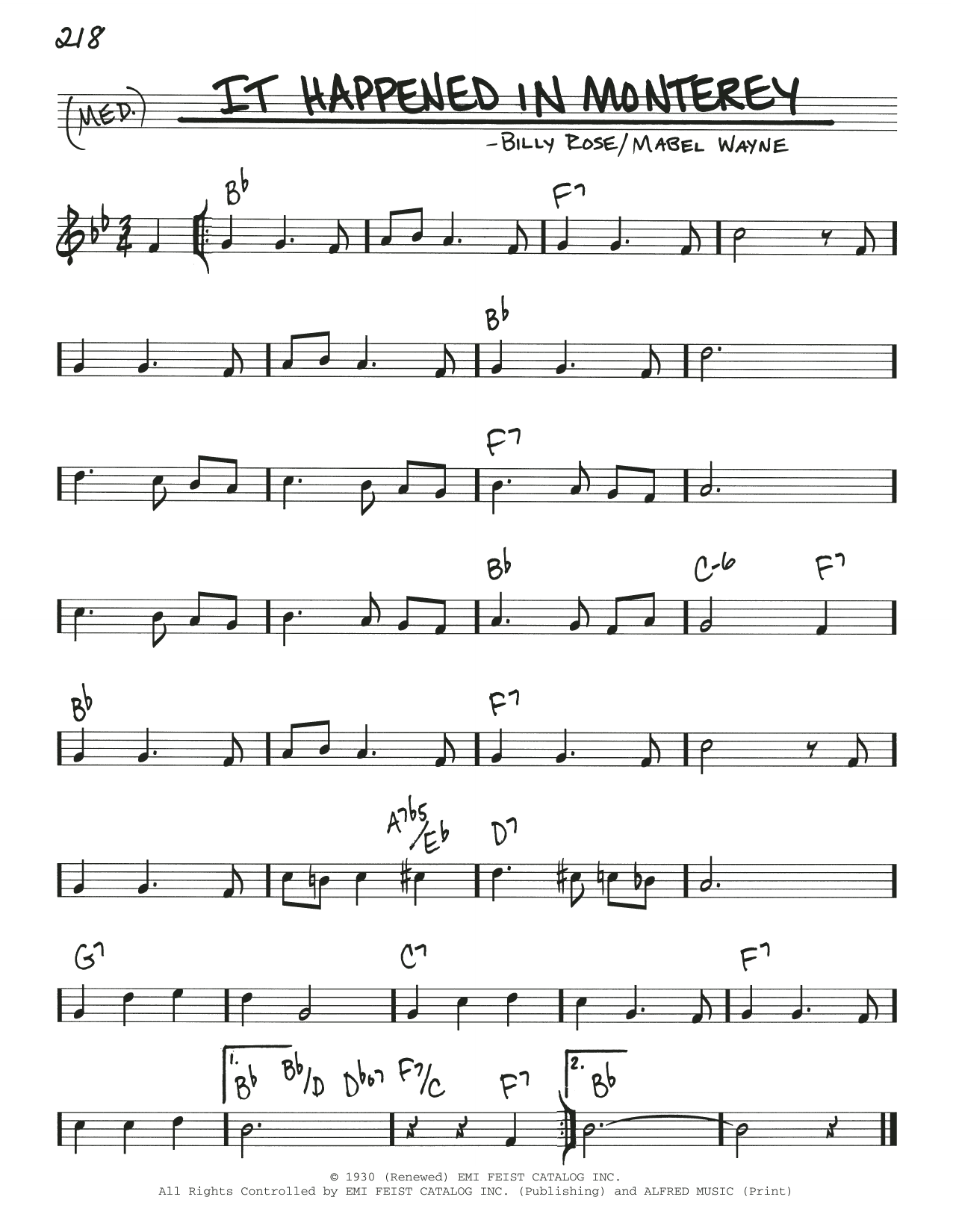 Billy Rose It Happened In Monterey Sheet Music Notes & Chords for Real Book – Melody & Chords - Download or Print PDF