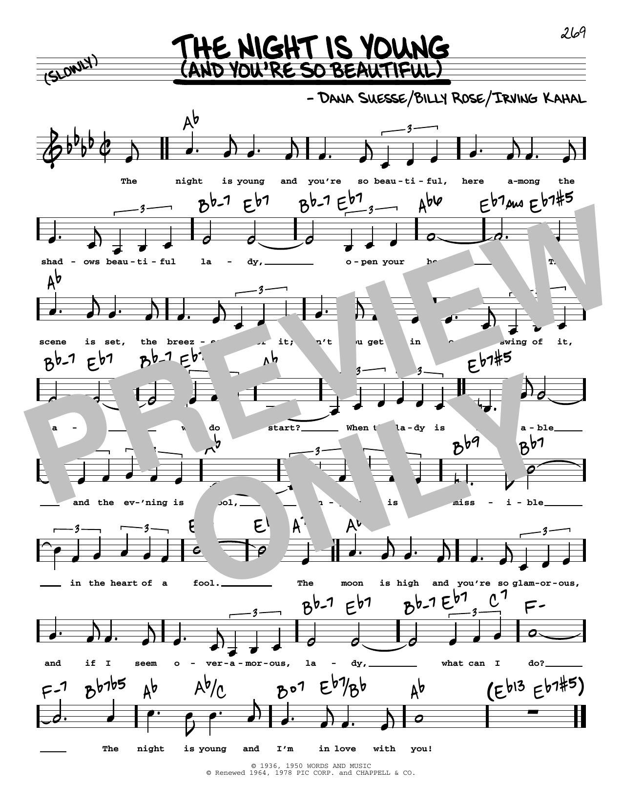 Billy Rose The Night Is Young (And You're So Beautiful) (Low Voice) Sheet Music Notes & Chords for Real Book – Melody, Lyrics & Chords - Download or Print PDF