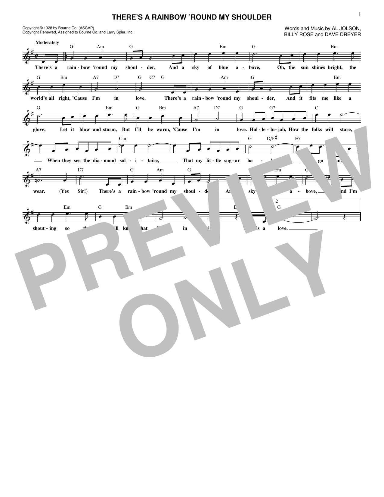 Billy Rose There's A Rainbow 'Round My Shoulder Sheet Music Notes & Chords for Melody Line, Lyrics & Chords - Download or Print PDF