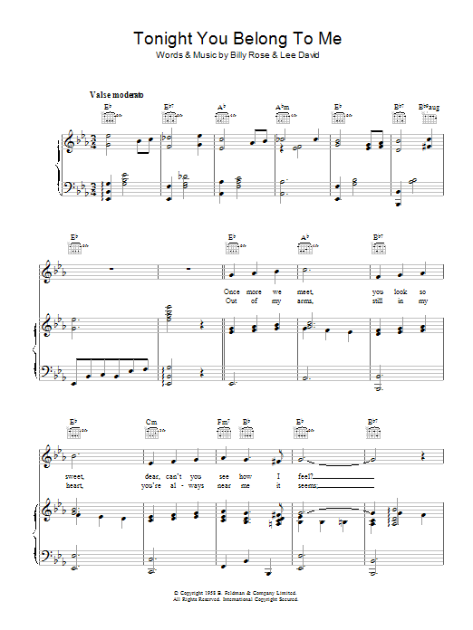 Billy Rose Tonight You Belong To Me Sheet Music Notes & Chords for Piano, Vocal & Guitar (Right-Hand Melody) - Download or Print PDF