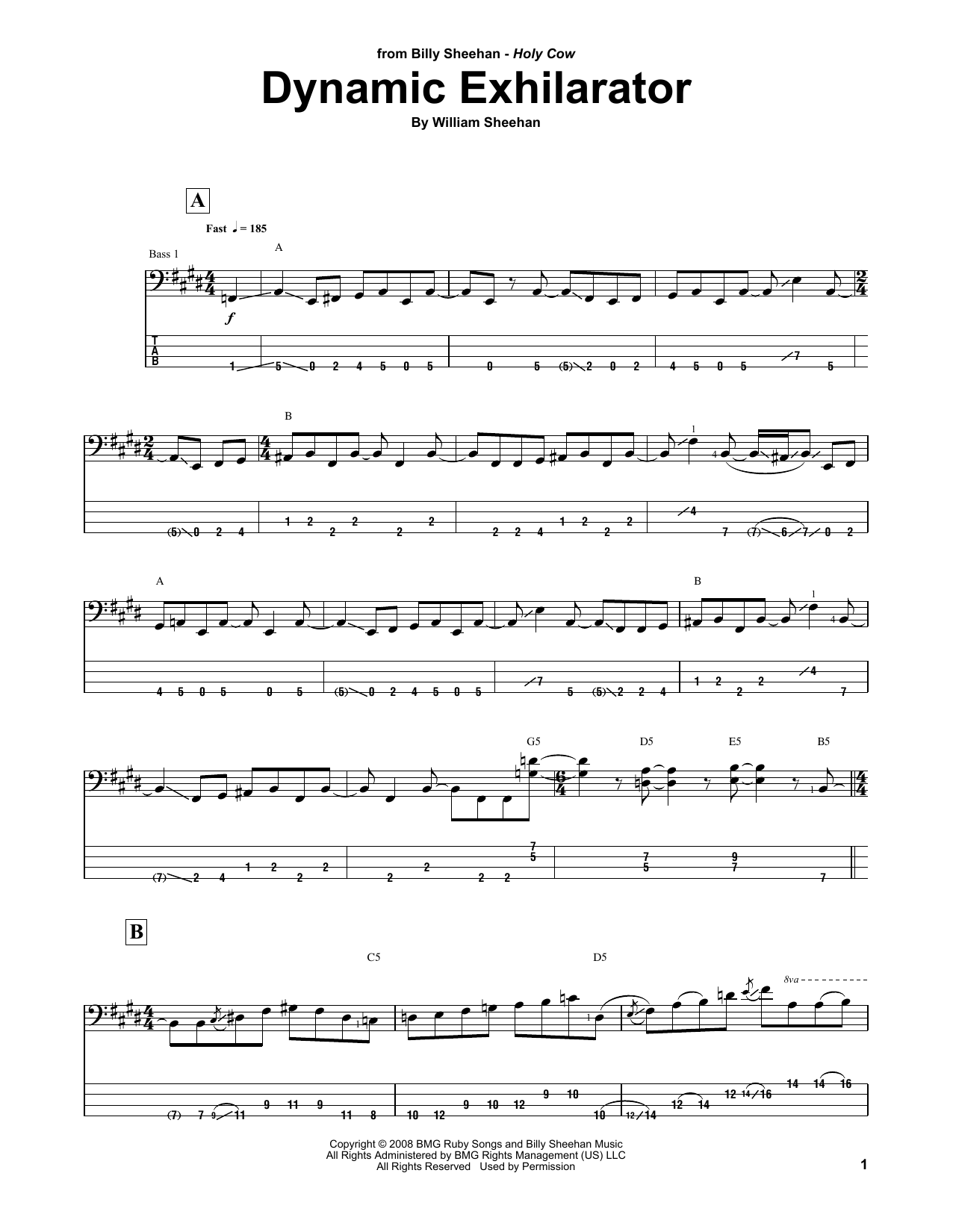 Billy Sheehan Dynamic Exhilarator Sheet Music Notes & Chords for Bass Guitar Tab - Download or Print PDF