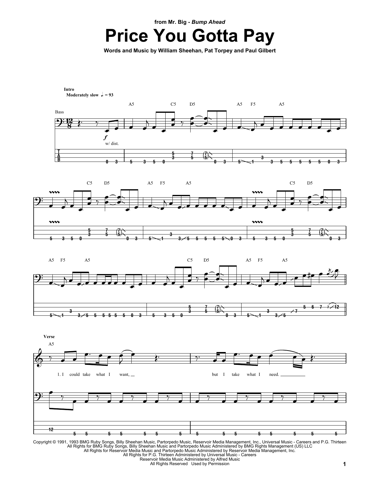 Billy Sheehan Price You Gotta Pay Sheet Music Notes & Chords for Bass Guitar Tab - Download or Print PDF