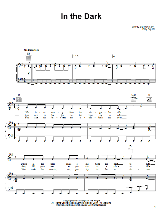 Billy Squier In The Dark Sheet Music Notes & Chords for Piano, Vocal & Guitar (Right-Hand Melody) - Download or Print PDF